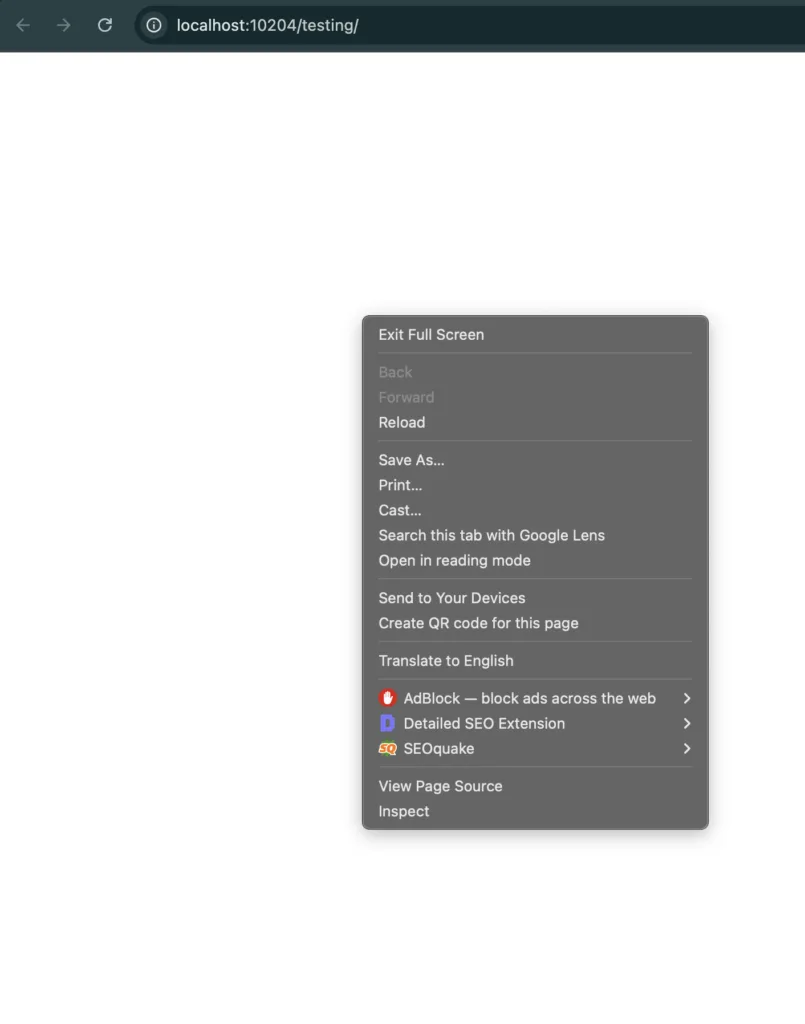 Contextual menu options displayed on a web browser, featuring choices such as Exit Full Screen, Print, Save As, and settings for extensions like AdBlock, Detailed SEO Extension, and SEOquake.