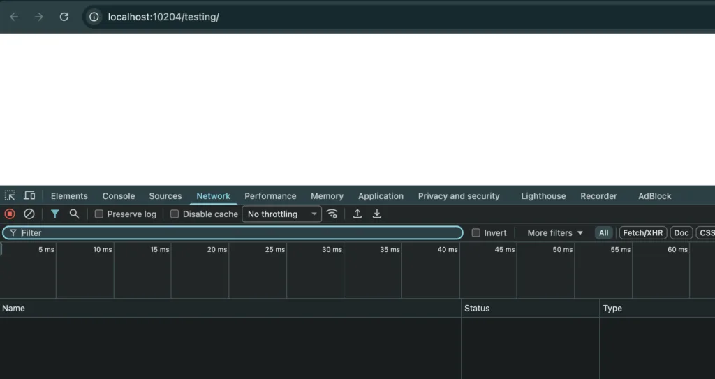 Network monitoring tools displayed in a web browser's developer tools, showing performance metrics and network activity for localhost testing.