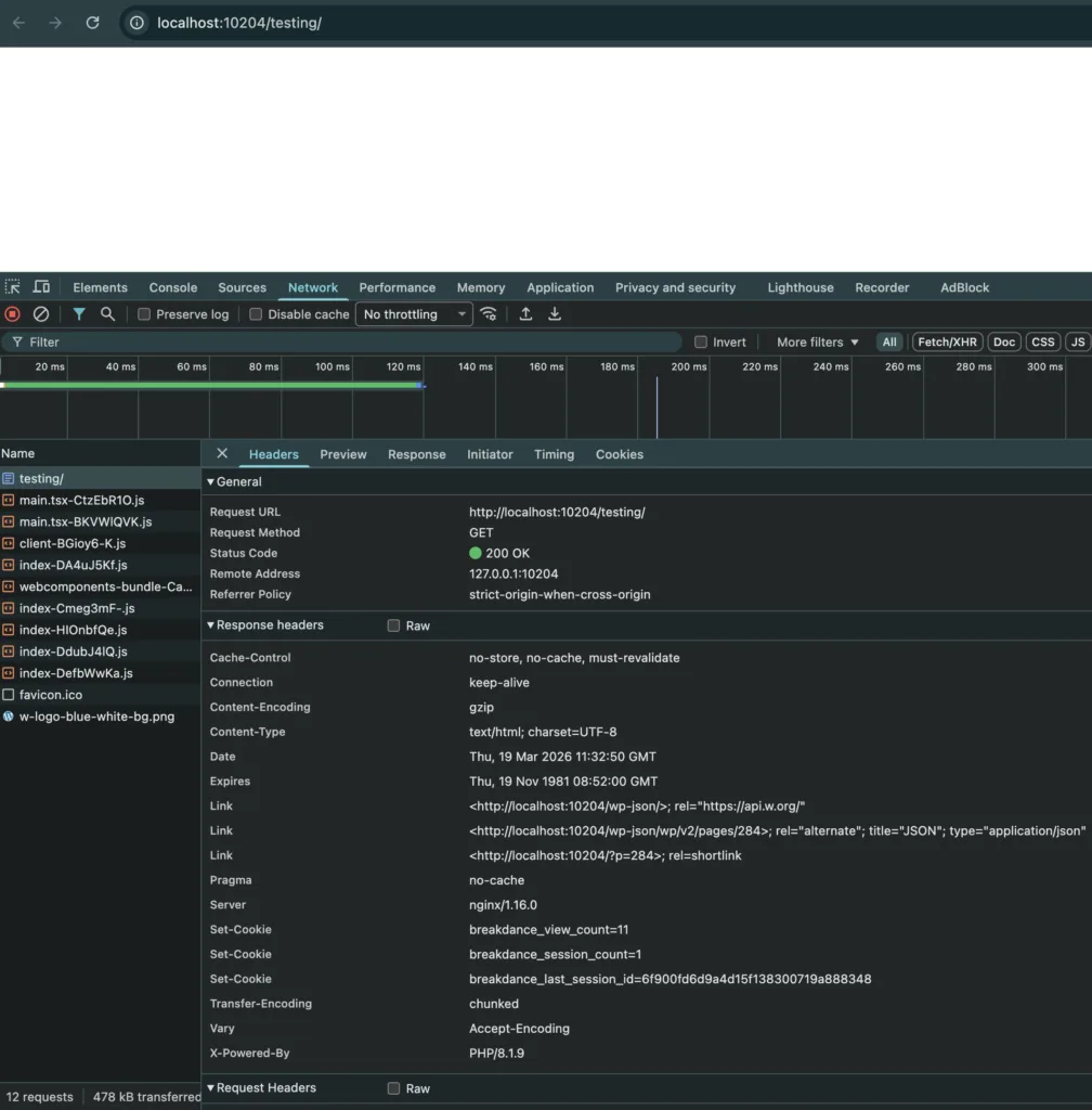 Network request data displayed in a web development tool showing response headers, request URL, and status code for a local testing environment.