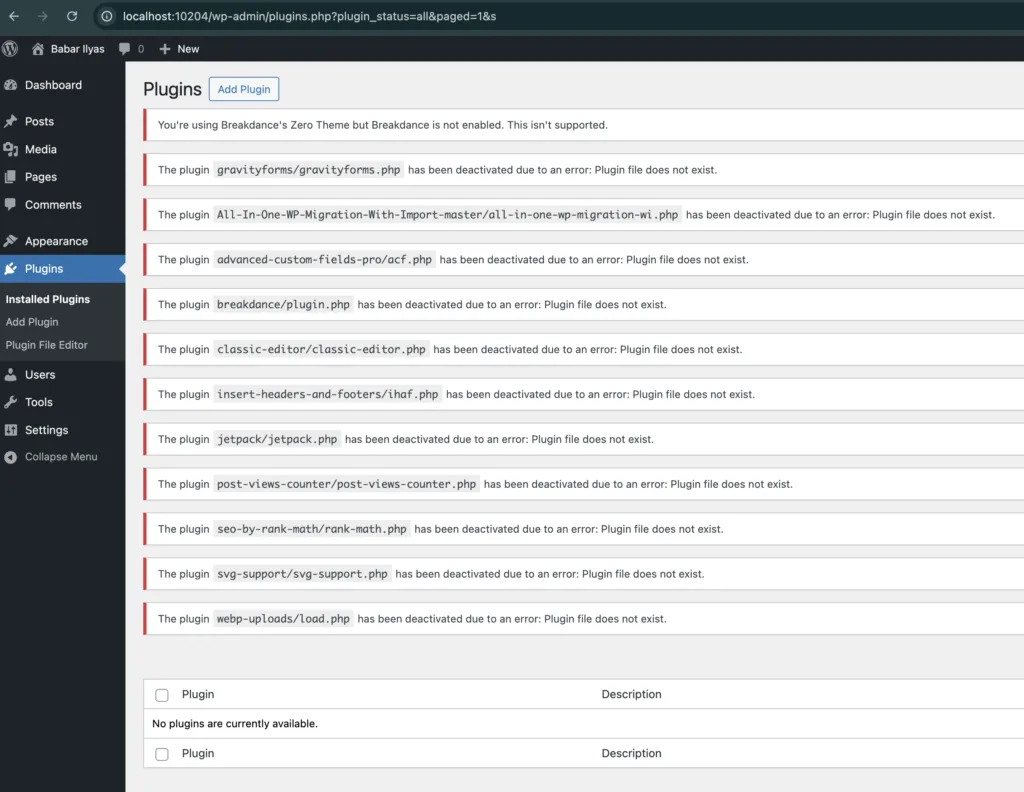 Screenshot of a WordPress dashboard displaying the Plugins page, highlighting multiple plugins that have been deactivated due to missing files or errors, indicating potential issues with plugin compatibility and site functionality.