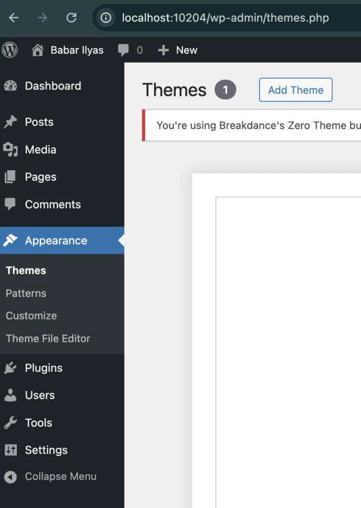 WordPress dashboard displaying the Themes section, showing Breakdance's Zero Theme in use with options to add new themes and customize appearance settings.