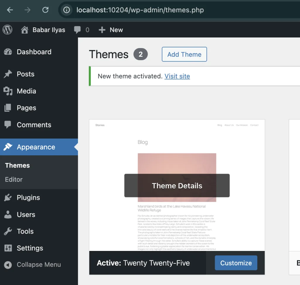 WordPress dashboard showing the Themes section with the active Twenty Twenty-Five theme. The interface includes options to add new themes, view theme details, and customize the current theme layout.