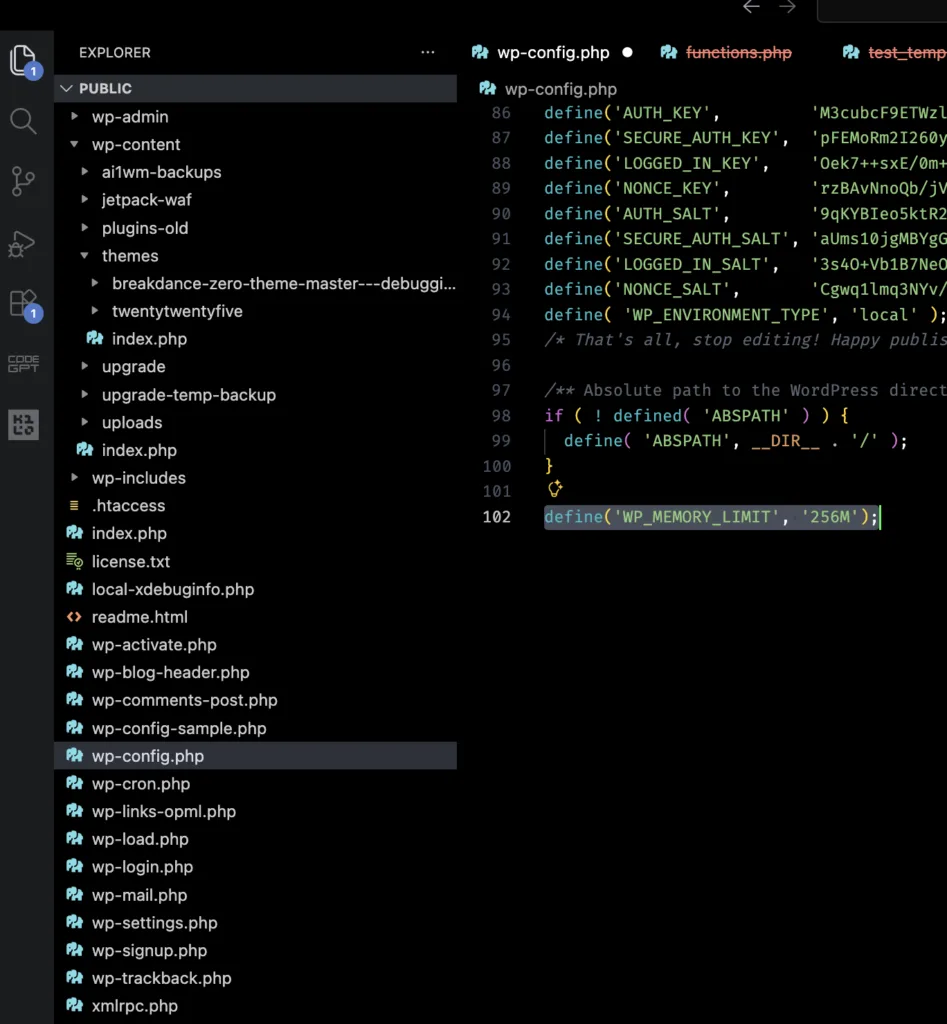 Code snippet of a WordPress configuration file (wp-config.php) showing essential settings such as authentication keys, environment variables, and memory limit adjustments. The file structure is displayed in a code editor with a focus on maintaining site security and performance.