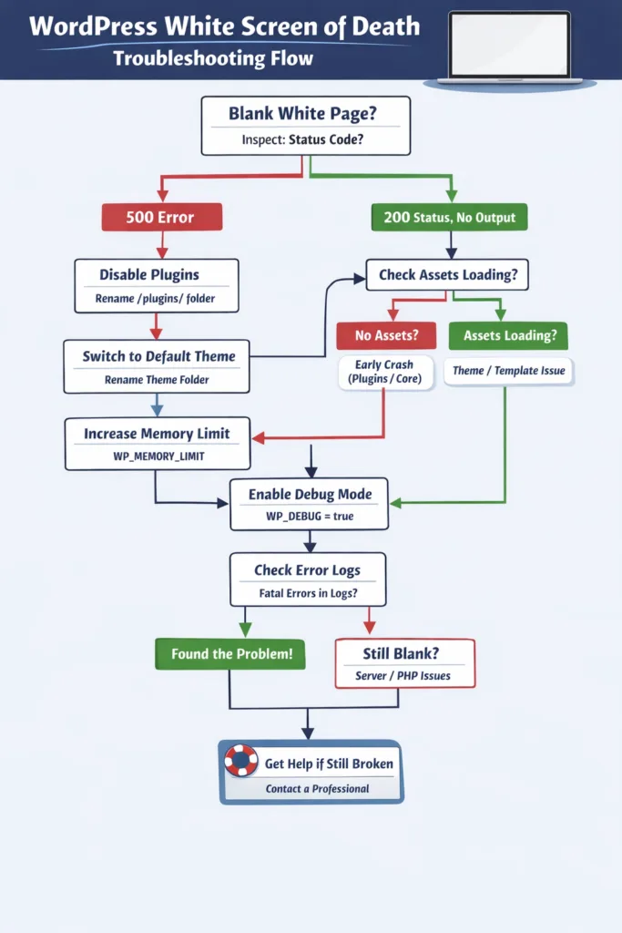 Flowchart illustrating troubleshooting steps for the WordPress White Screen of Death, including error status checks, plugin and theme adjustments, memory limit increases, enabling debug mode, and consulting professionals if issues persist.