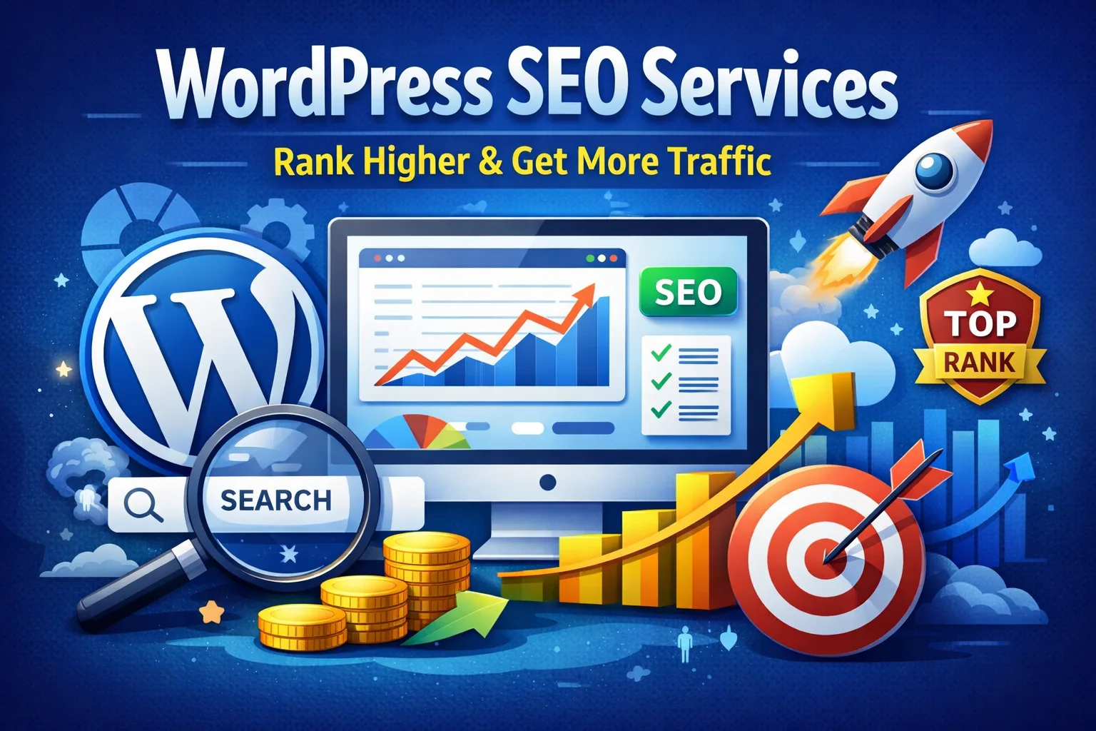 WordPress SEO services illustration showing website ranking growth, increased organic traffic, and lead generation