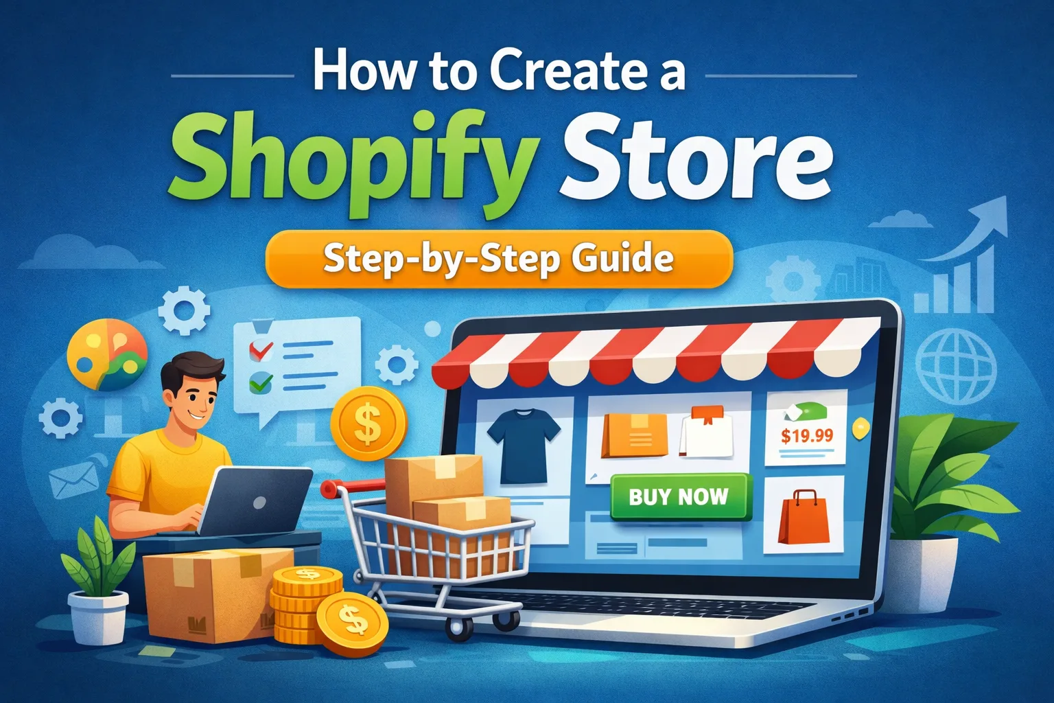 create a Shopify store, with a laptop displaying an online shop, products, and a step-by-step setup concept.