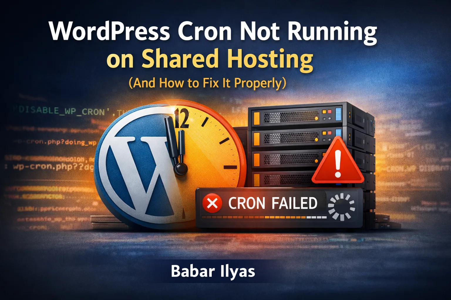 WordPress cron not running on shared hosting showing cron failed error with server and clock illustration