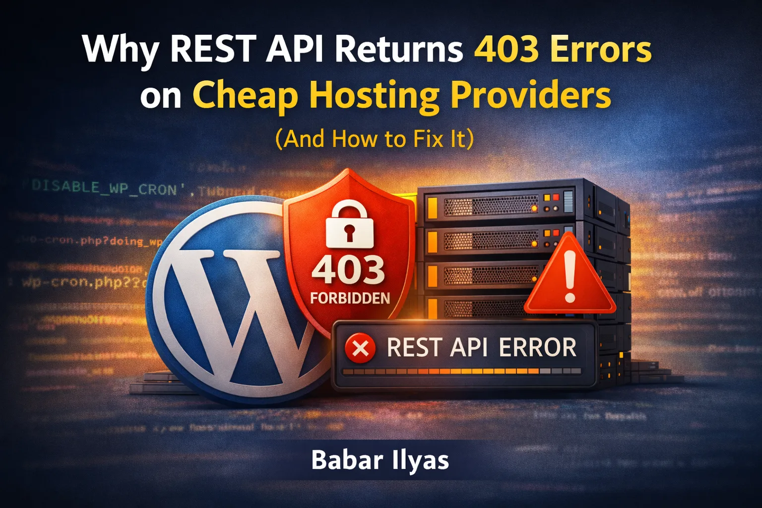 WordPress REST API 403 error on cheap hosting showing forbidden shield and server illustration