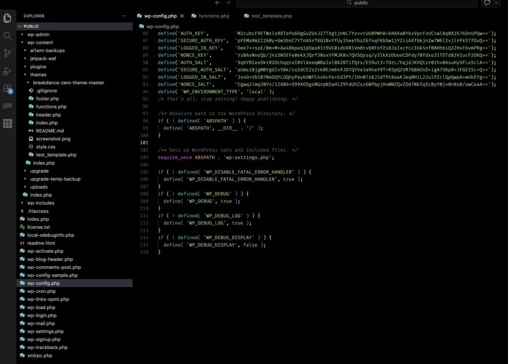 Code snippet and file directory view from a WordPress development environment, highlighting the wp-config.php file with configuration constants such as AUTH_KEY, SECURE_AUTH_KEY, and settings for error handling and debugging.