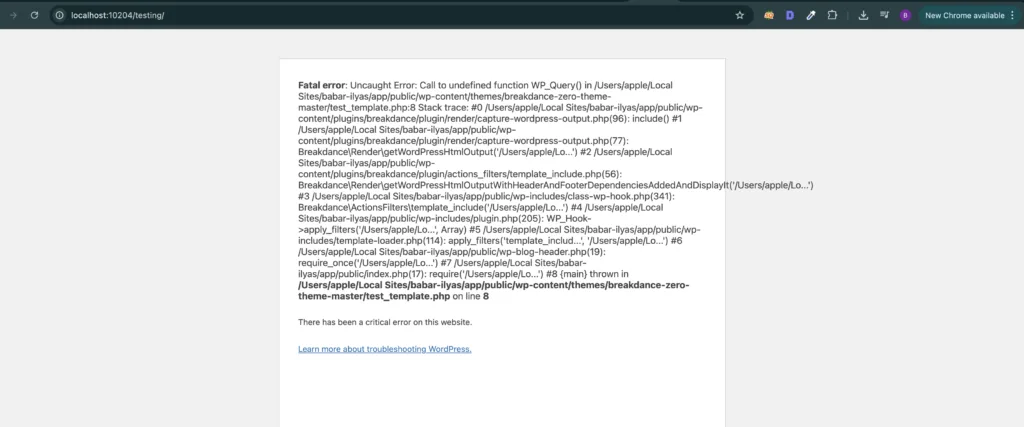 "Screenshot of a WordPress error message displaying a fatal error related to undefined function WP_Query, highlighting issues in the theme file and template structure in a local development environment."