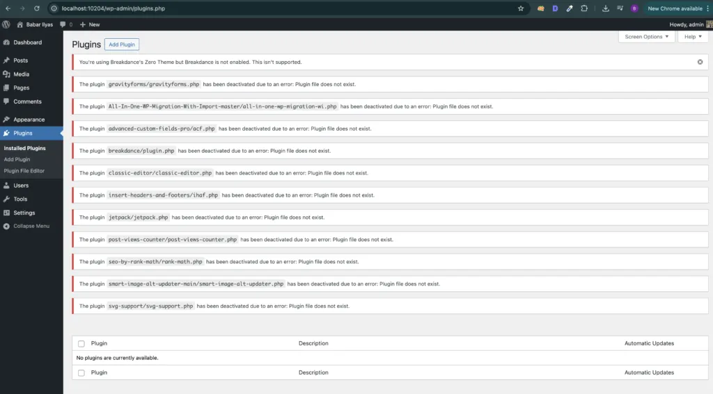 WordPress admin plugins page displaying multiple errors indicating plugins have been deactivated due to missing files, with options to add or manage plugins.
