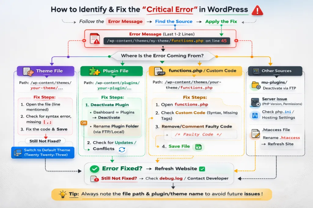 Infographic explaining how to identify and fix the "Critical Error" in WordPress, detailing steps for troubleshooting theme files, plugin files, custom code, and other potential sources. Includes paths for error locations, solutions like checking syntax, deactivating plugins, and consulting server settings, along with a reminder to note file paths to prevent future issues.
